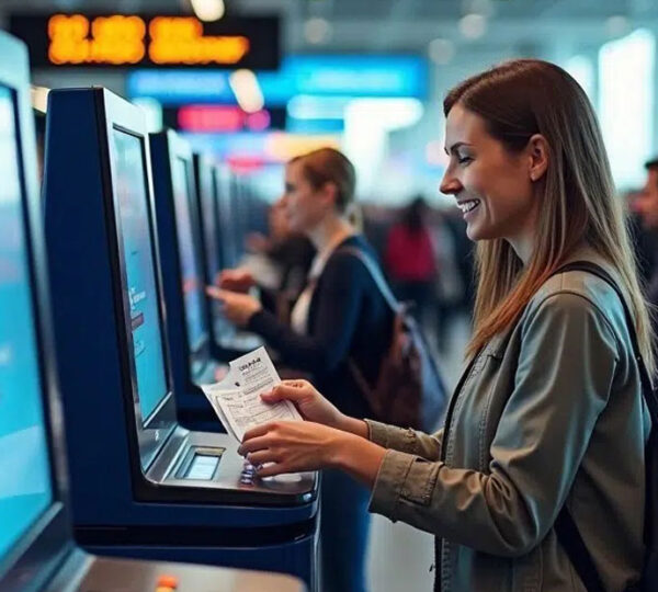 A woman using a kiosk equiped with a thermal printer to issue transportation tickets.