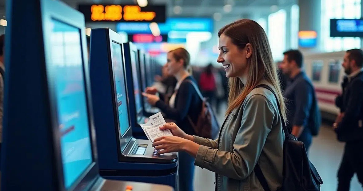 A woman using a kiosk equiped with a thermal printer to issue transportation tickets.