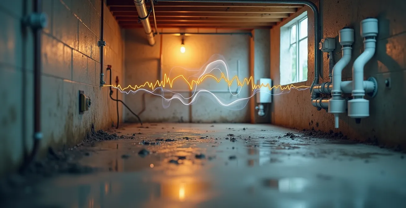 Environmental shot highlighting a residential plumbing system with illustration of noise waves and damp spots