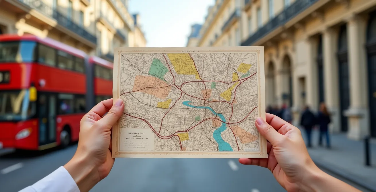 A tourist consulting a Paris map while standing at a hop-on hop-off bus stop with multiple nearby attractions visible in the background