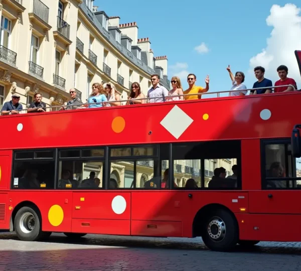A red double-decker hop-on hop-off bus in front of an iconic Paris landmark with tourists enjoying the open-top experience under clear blue skies