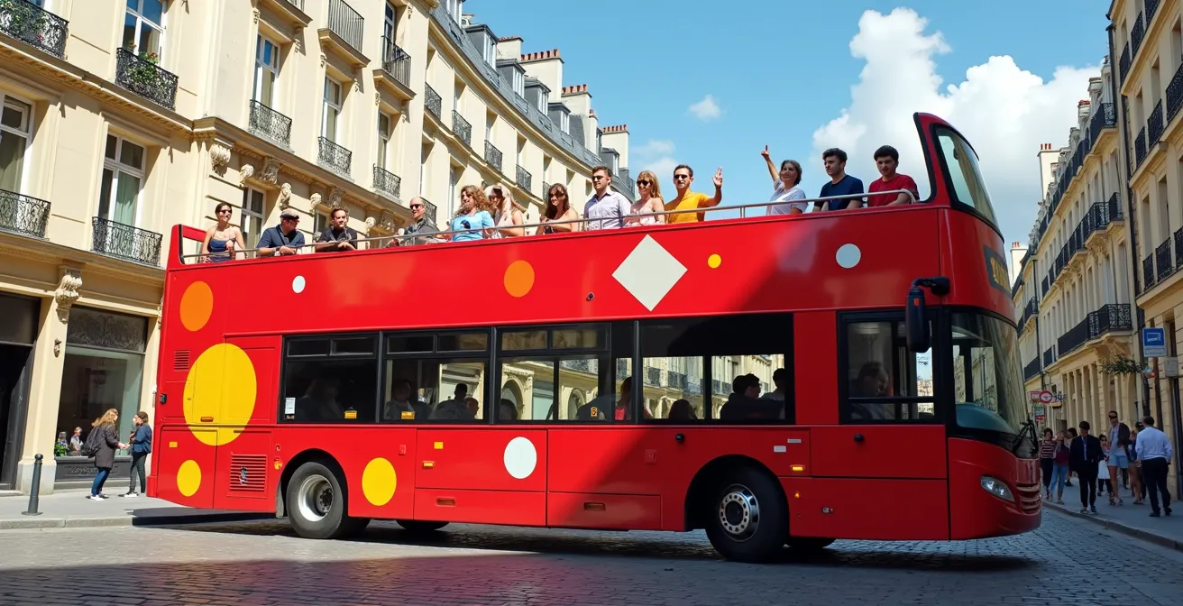 A red double-decker hop-on hop-off bus in front of an iconic Paris landmark with tourists enjoying the open-top experience under clear blue skies