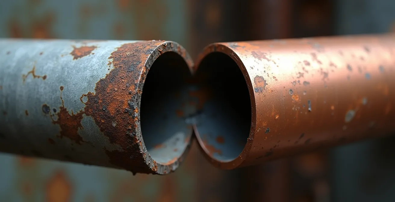 Detailed macro shot of corroded and intact plumbing pipes showing stages of degradation