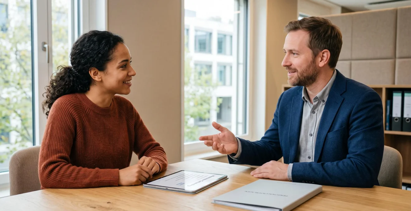 HR specialist conducting an onboarding consultation session with a newly hired employee in a Swiss meeting room
