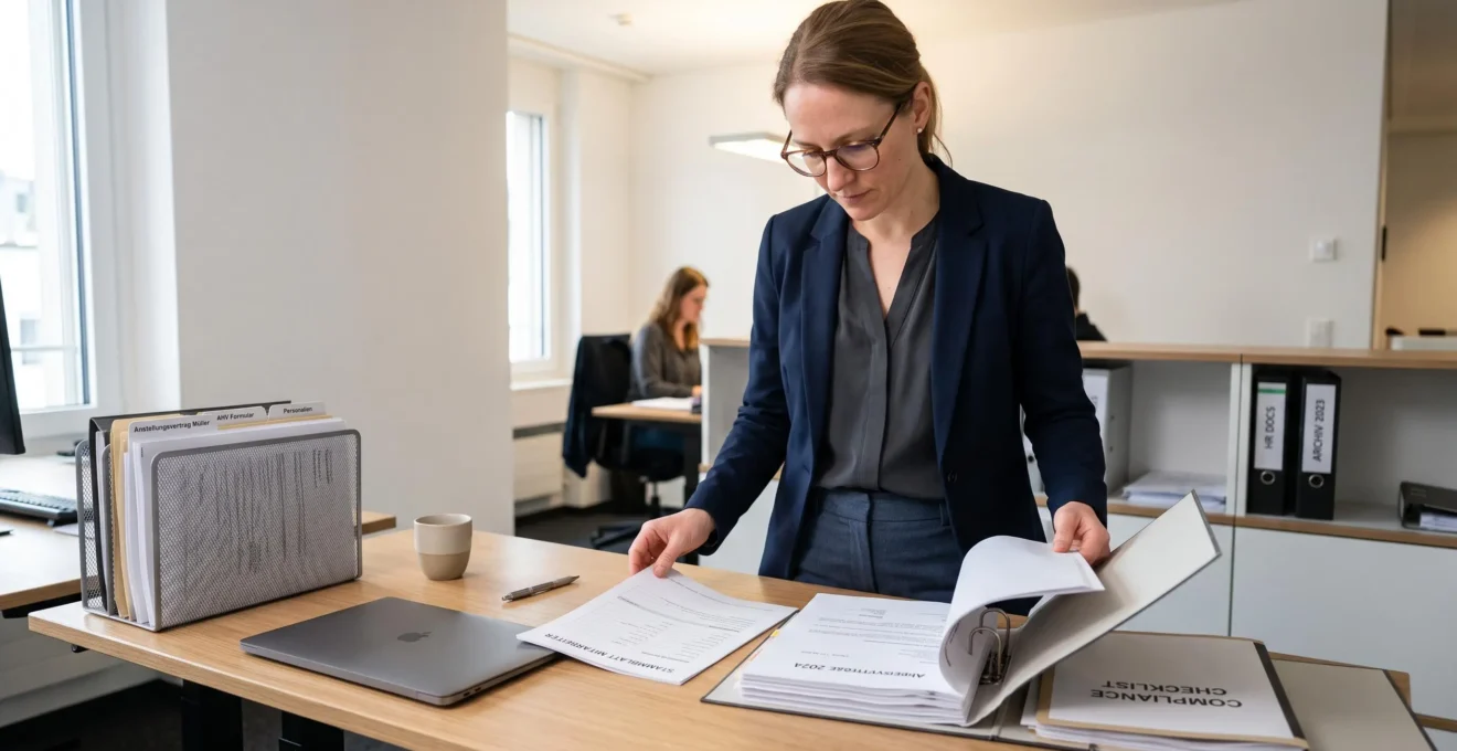 HR compliance specialist reviewing employment documentation at an organized Swiss office workspace