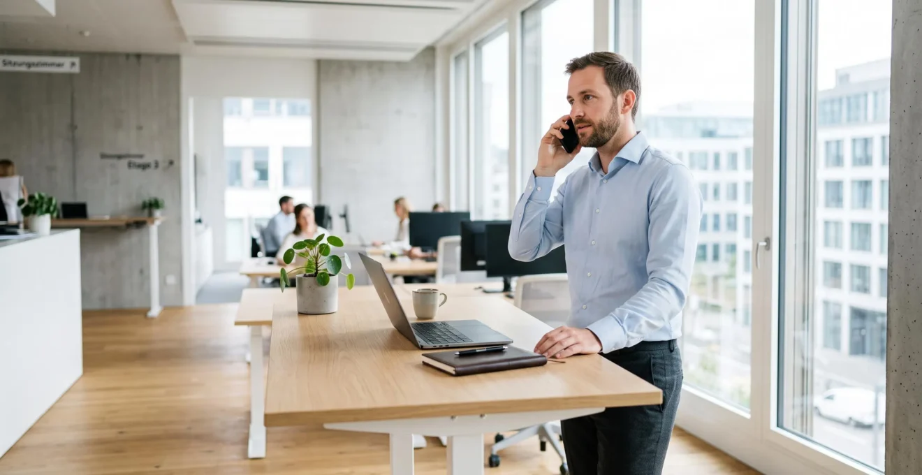 International professional working in a modern Swiss corporate workspace with natural daylight